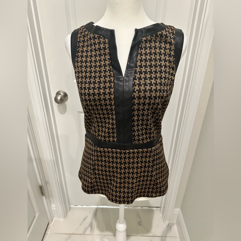 Houndstooth top with Faux leather trim